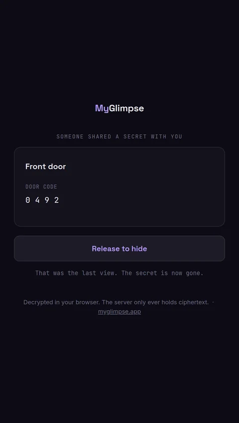Holding the button: the secret, a shared front-door code, revealed and decrypted in the browser.