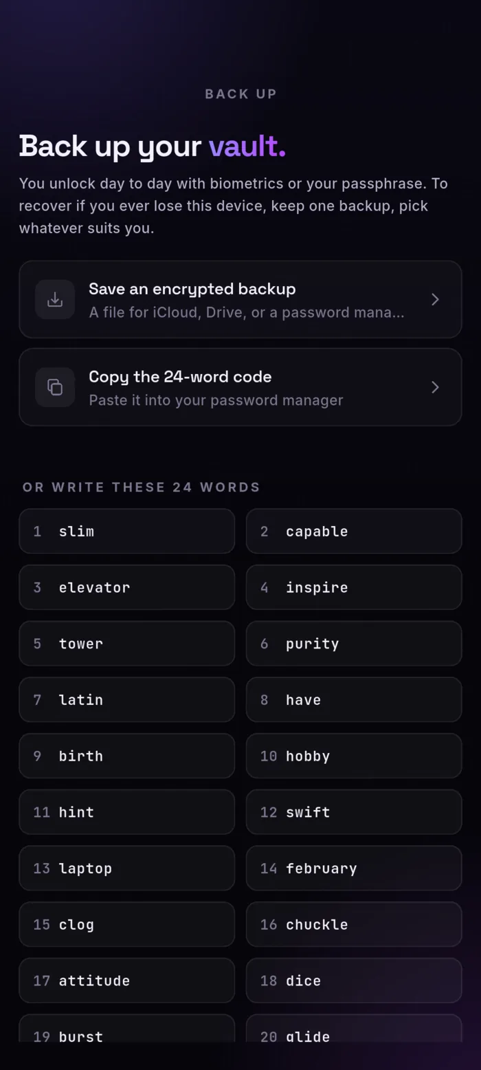 Back up your vault screen: choices to save an encrypted backup file or copy a 24-word recovery code, with the 24 words listed in a numbered two-column grid.