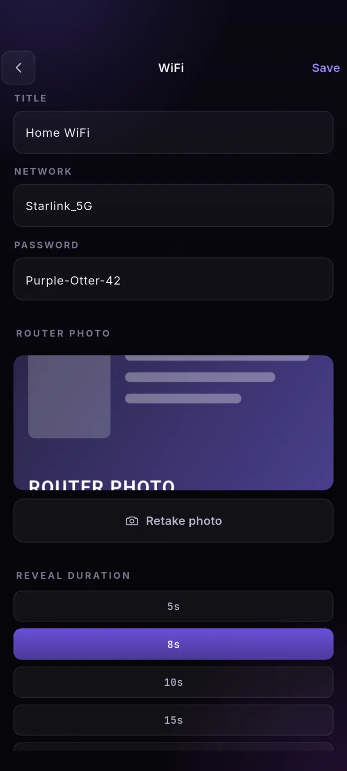 A WiFi glimpse form with network and password fields, a stored router photo, and a reveal-duration selector.
