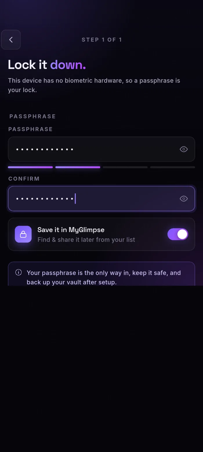Lock it down screen: a passphrase field with a live strength meter and a confirmation field, plus a note that the passphrase is the only way in and to back the vault up after setup.