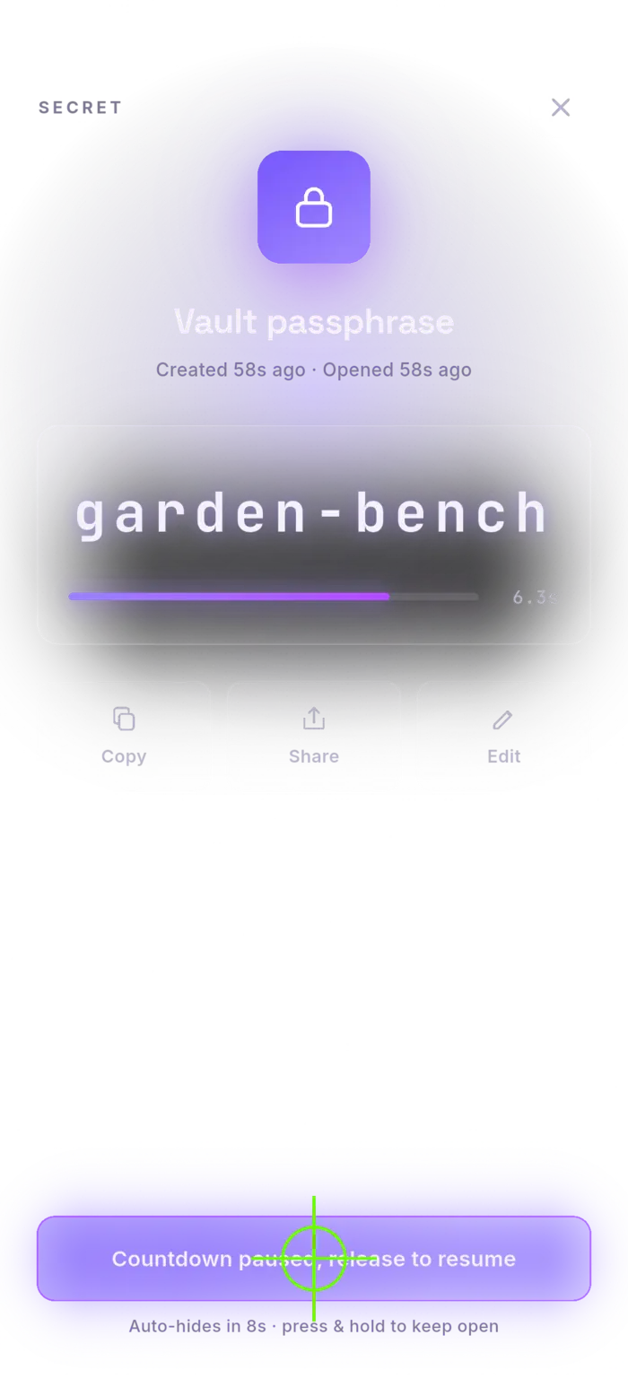 The reveal screen for a glimpse named Vault passphrase: the value 'garden-bench' shown large in monospace with a violet countdown bar reading 6.3 seconds, Copy, Share and Edit actions, and a pill at the bottom showing the countdown paused while pressed and held.